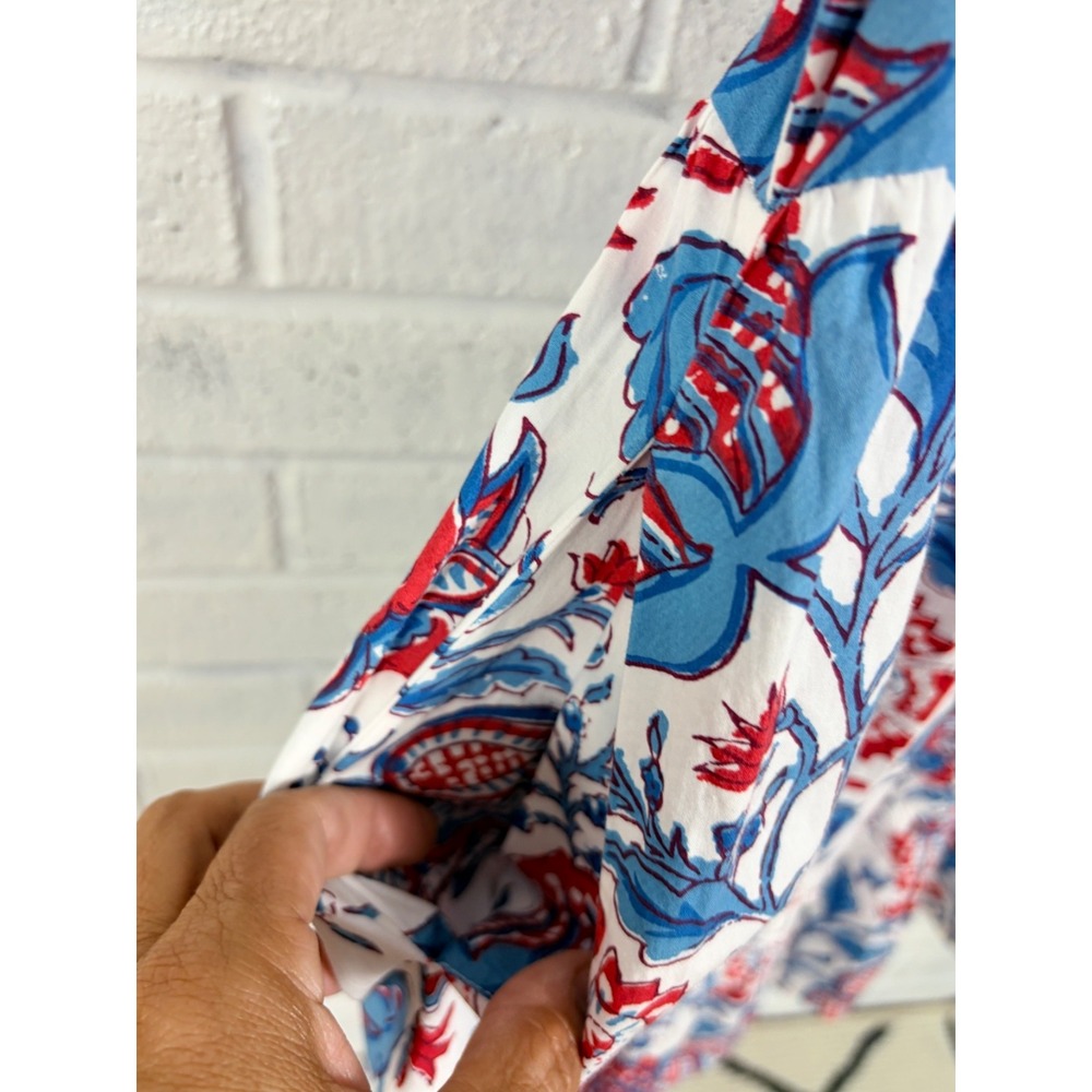 Caroline Constas Dress Womens XL Blue Red Floral Print Flutter Sleeve Cotton - Picture 5 of 10